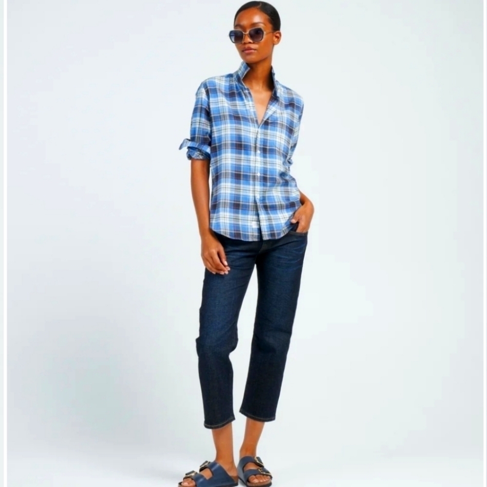Frank & Eileen Eileen buttondown slate blue orange plaid XXS NWT